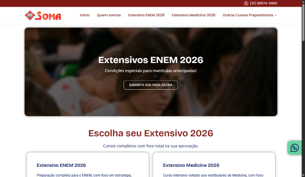 Print do site desenvolvido para o Soma Pré-Vestibular